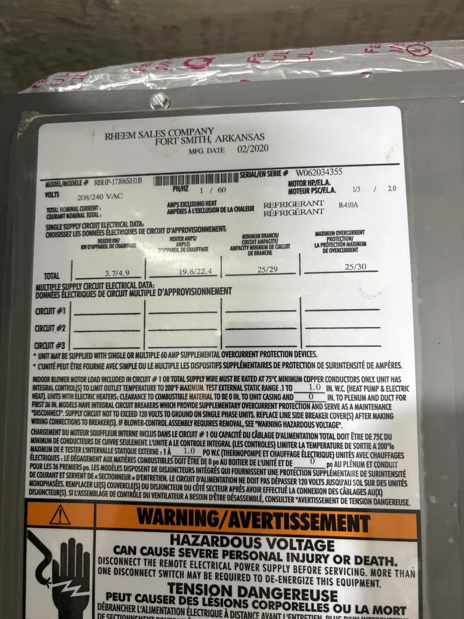 Rheem AC 2/202/20