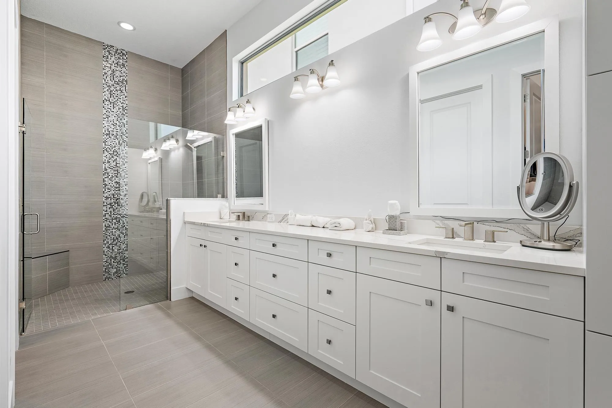 Large Main Bathroom with Extended Vanity & Dual Sinks, Step in Shower, Floor to Ceiling Tile