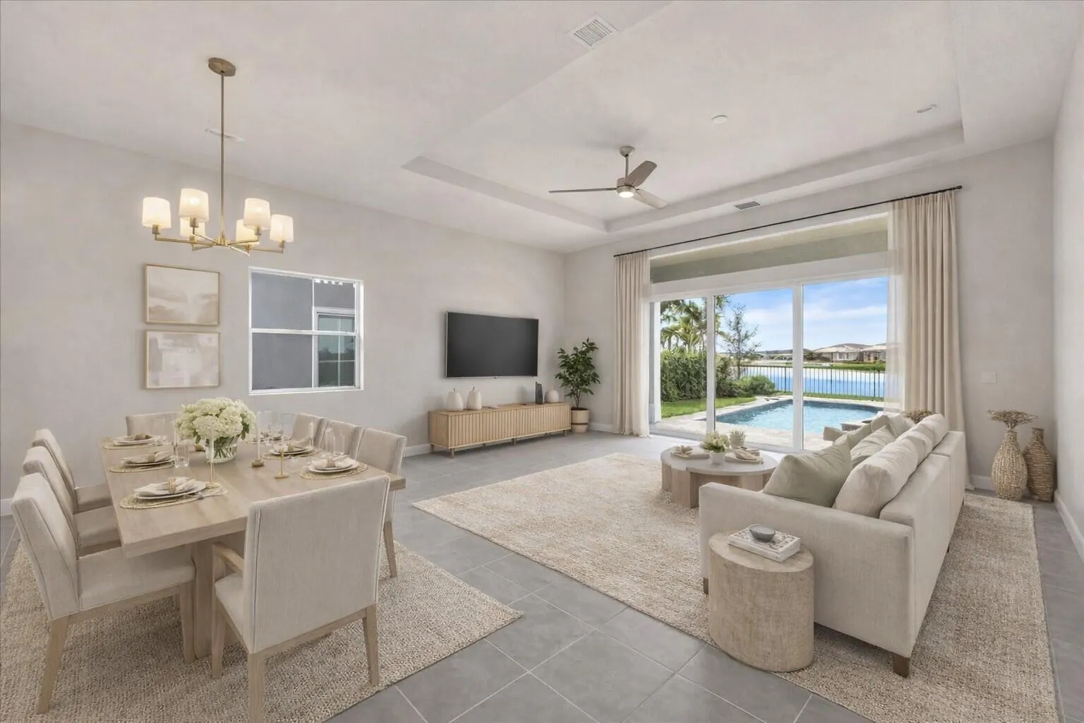 Virtually Staged- Living, Dining Space, and Pool