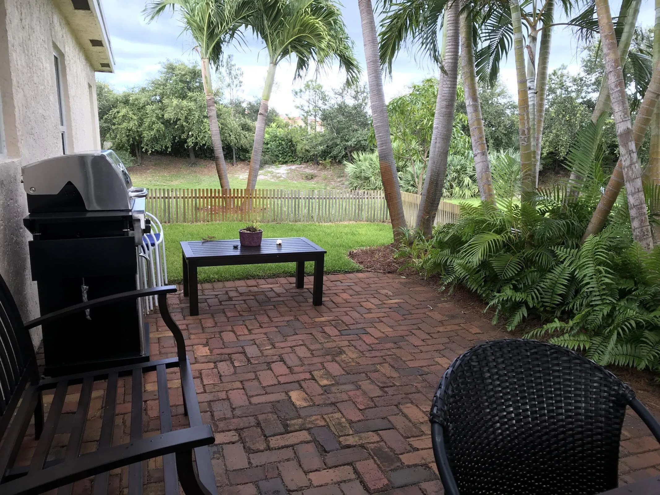 Brick paver patio featuring mature palm trees and lush tropical landscaping