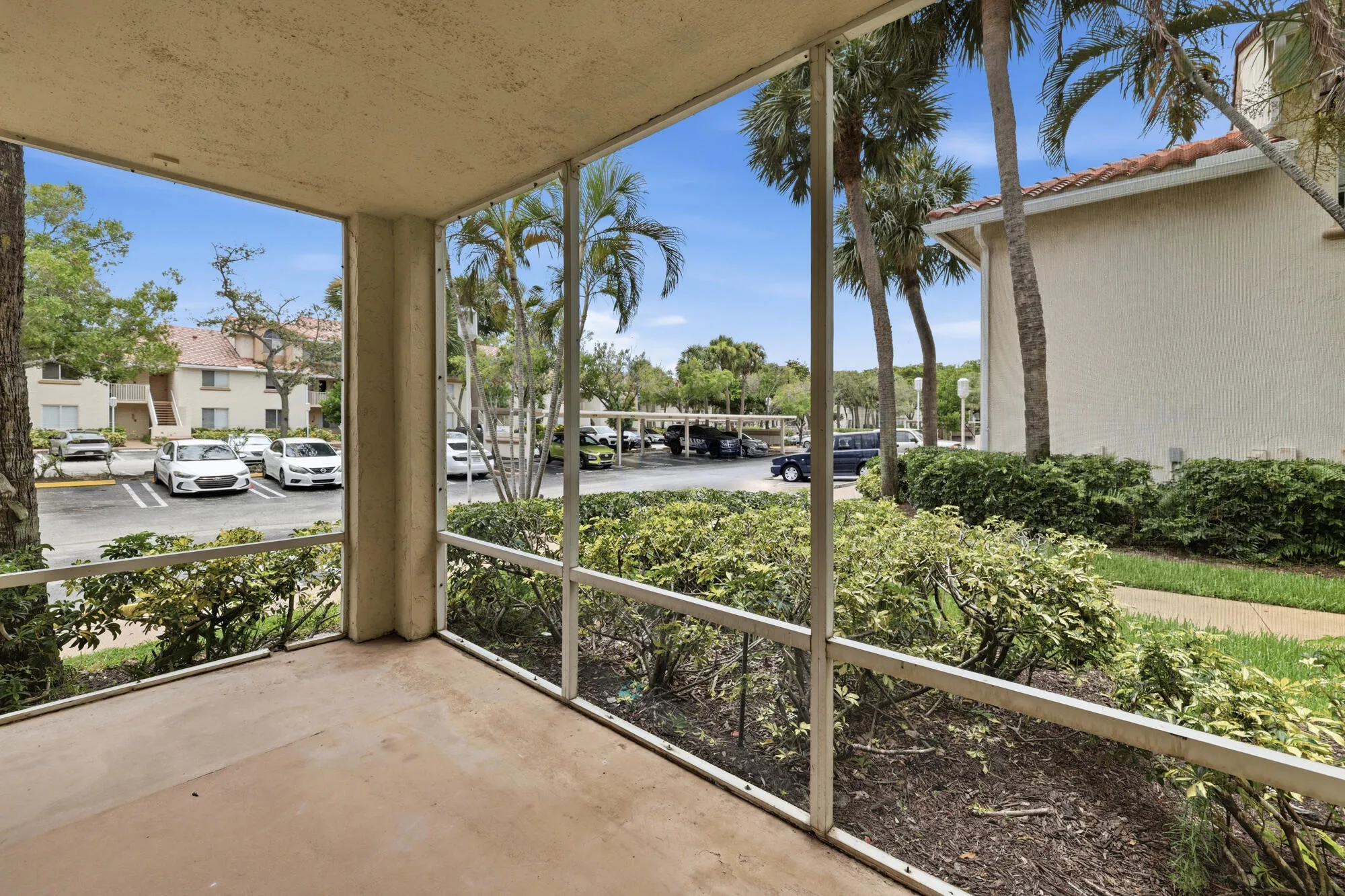 Screened patio featuring a concrete floor, lush tropical landscaping, and mature palm trees