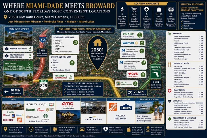 Experience the convenience of a prime location just minutes from the exciting new Miramar Cove development, as well as Miramar, Pembroke Pines, Miami Lakes, and Hialeah, with shopping, dining, healthcare, schools, and major highways all nearby.