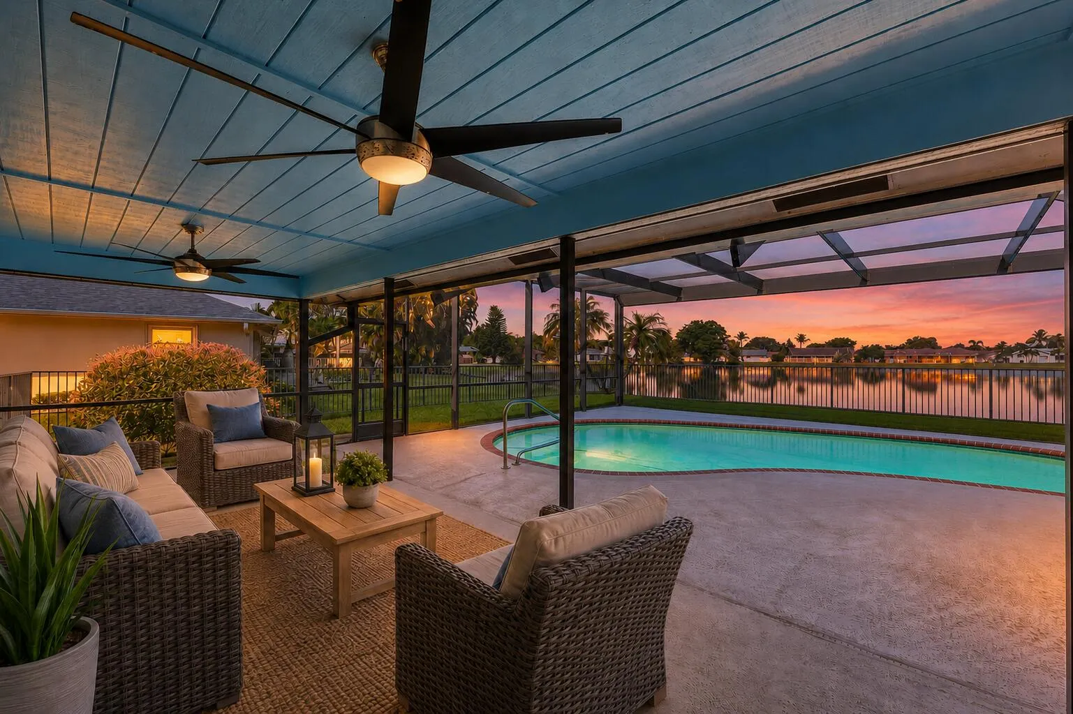 Covered patio featuring an in-ground swimming pool, waterfront access, screened enclosure, and ceiling fans
