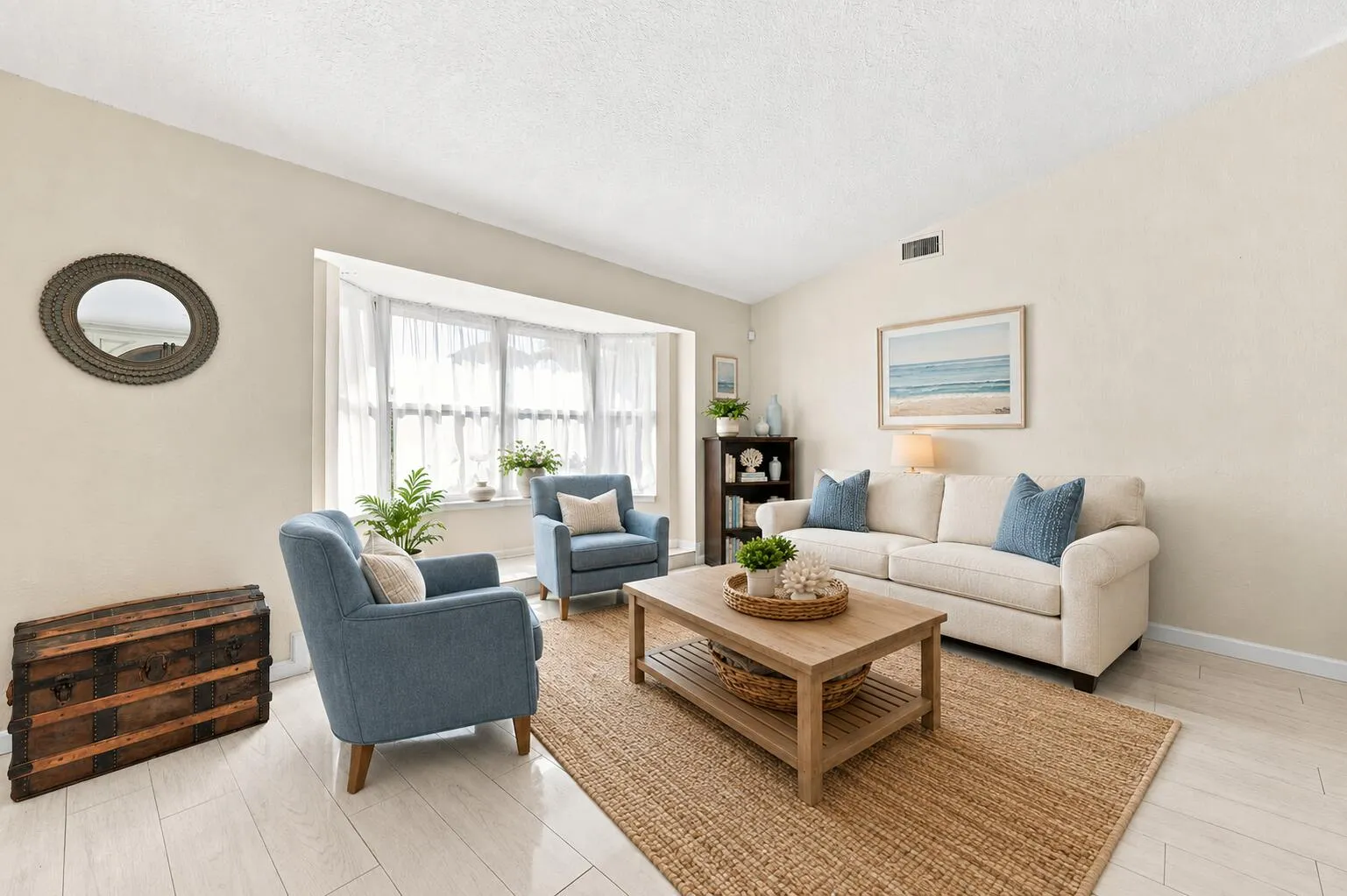 Living area featuring light-toned walls and wood-finish flooring