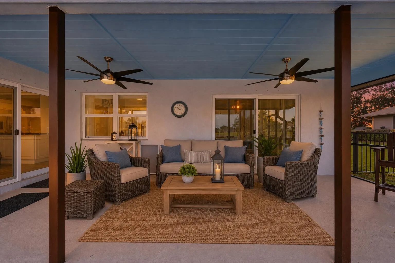 Spacious covered patio featuring two ceiling fans, a blue beadboard ceiling, and direct access through a sliding glass door