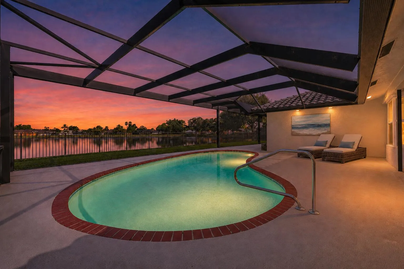 Screened-in outdoor living space featuring a freeform pool with brick coping