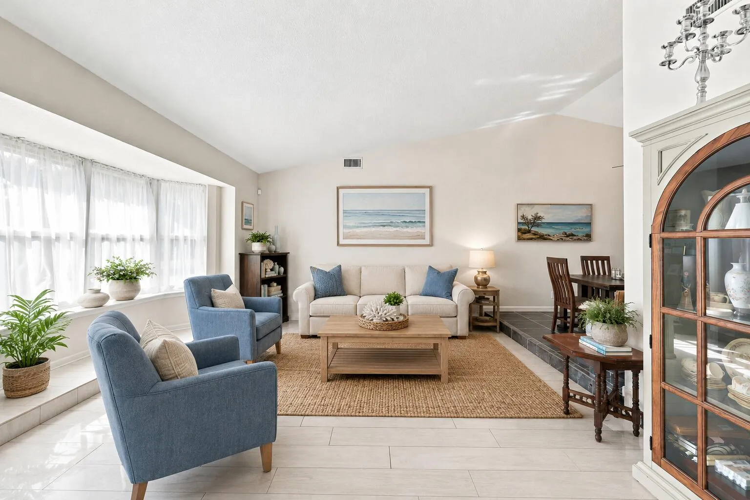 Living area featuring vaulted ceilings, light-toned wall finishes, and light wood-finish flooring