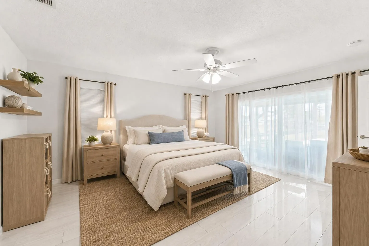 Spacious room featuring light-toned flooring, a ceiling fan, and large sliding glass doors