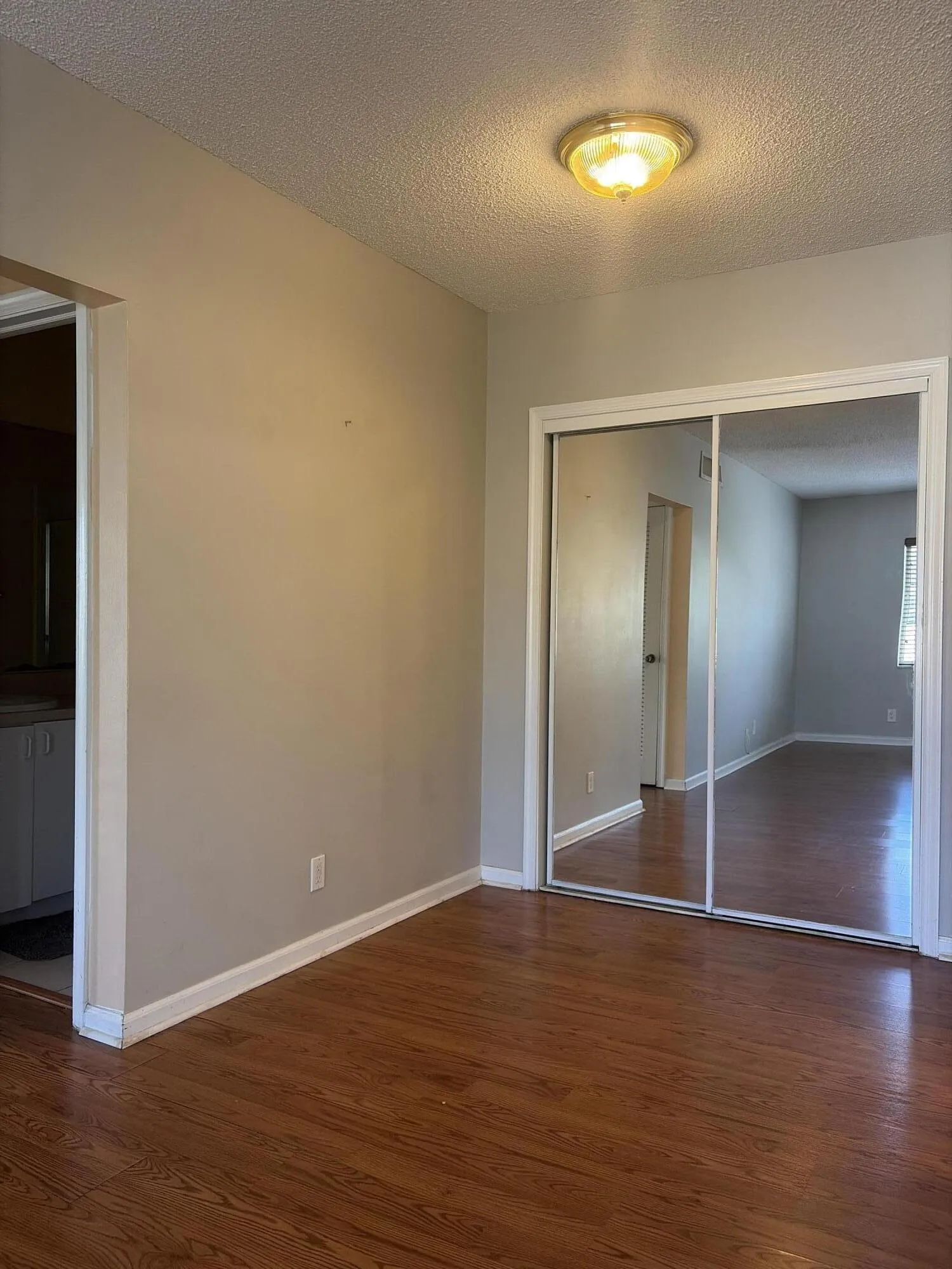 Dining area with mirroed closet and laminate flooring.