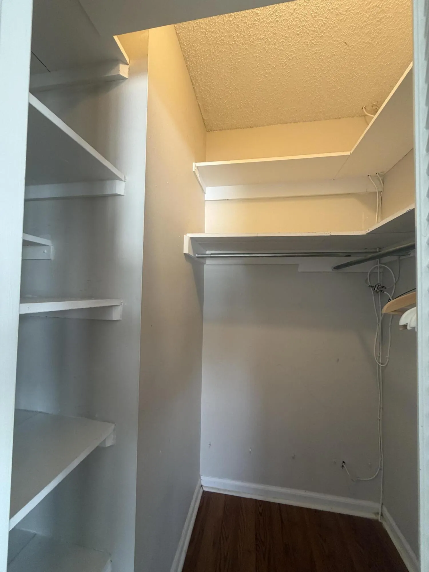 Walk-in closet wiht shelving and laminate floring.