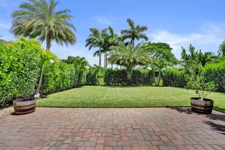 Expansive outdoor space featuring a paved patio, green lawn, mature palm trees, and lush perimeter hedges