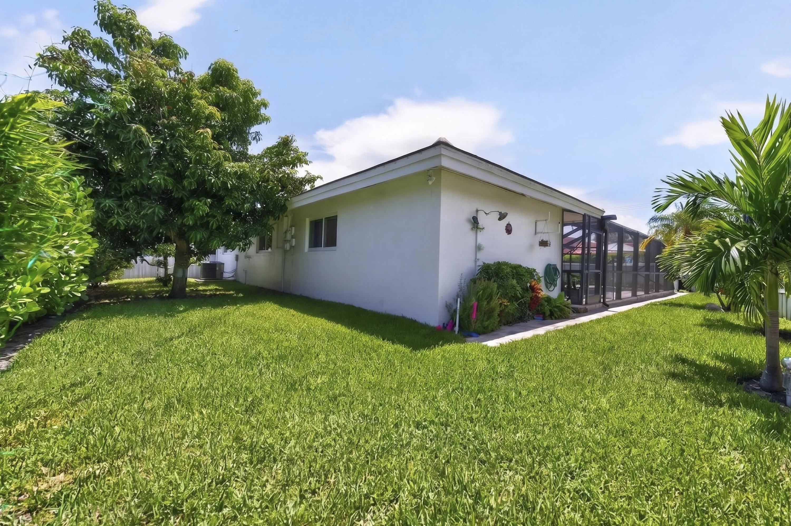 Expansive side yard featuring a manicured lawn, mature mango & avocado trees, and a privacy fence