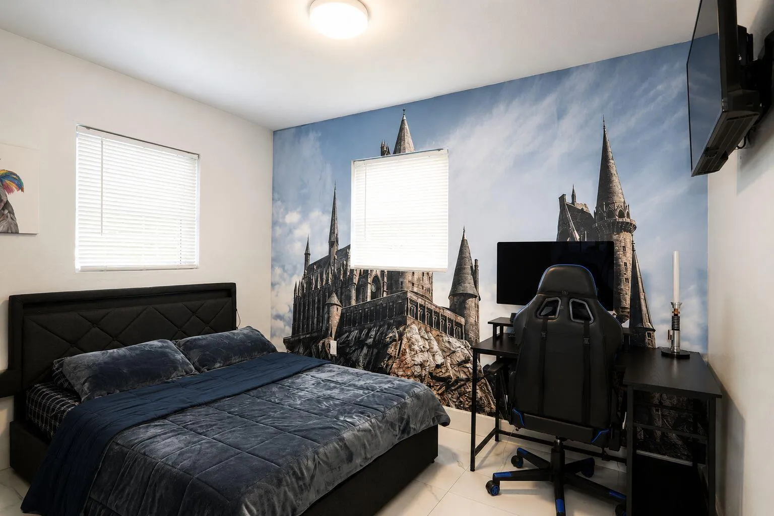 Room featuring a castle-themed accent wall