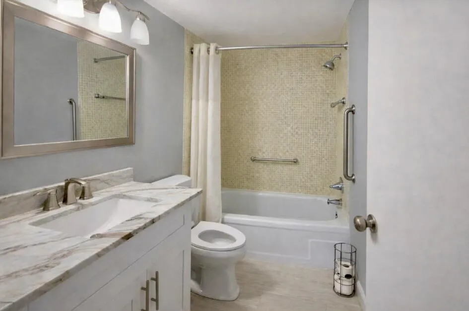 Bathroom featuring a white vanity with a stone countertop, an undermount sink, and brushed nickel hardware