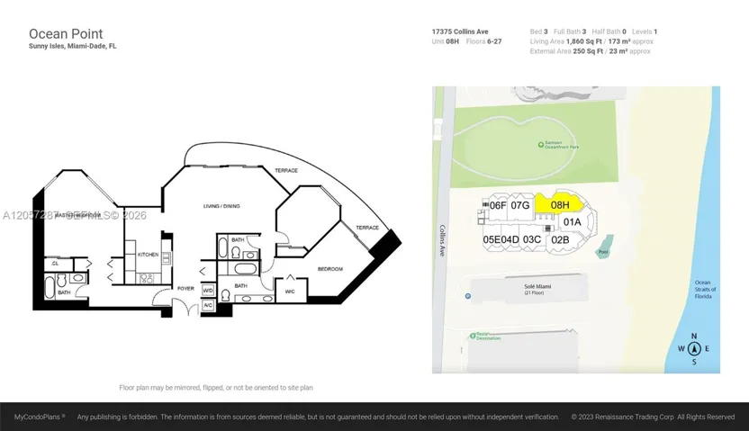 Line 08 / Floor 11 / Unit 1108 Corner and Ocean View. 03 Bed / 3 Bath / 1,806 SF