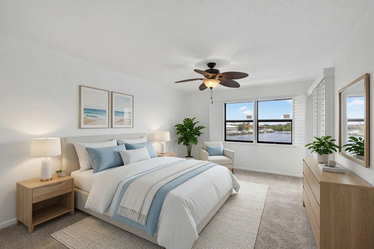 Spacious room featuring multiple windows with water scenery, white plantation shutters, and a ceiling fan with light fixture