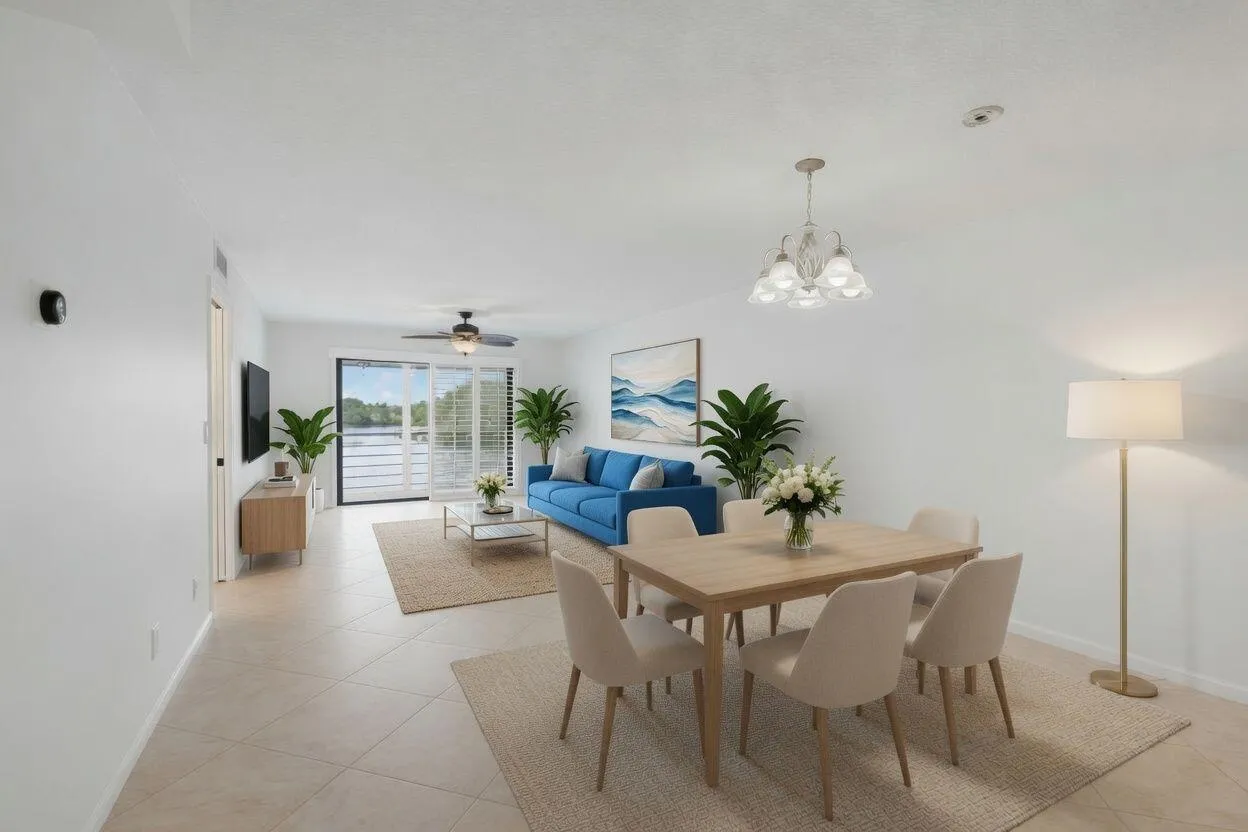 Open concept living and dining area featuring tile flooring, a patio with horizontal blinds, and a multi-light chandelier