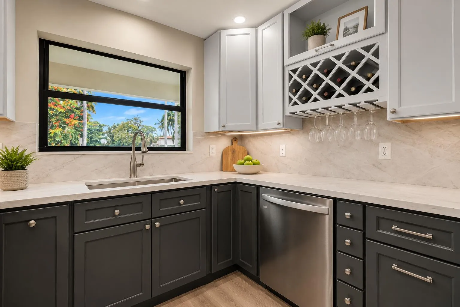 Designer kitchen showcases quartz countertops, shaker-style cabinetry, stainless steel appliances, a built-in wine rack, and abundant prep space—blending style and functionality in this beautifully updated Hollywood, FL home.