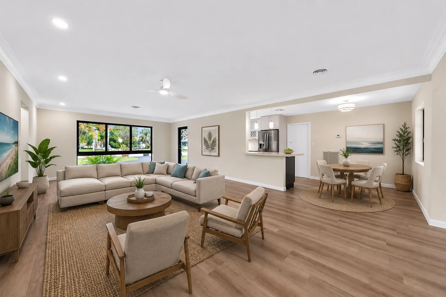 Expansive open-concept living and dining area showcases luxury vinyl plank flooring, abundant natural light, and seamless flow into the updated kitchen—ideal for modern Florida living and entertaining in this move-in ready Hollywood, FL home.