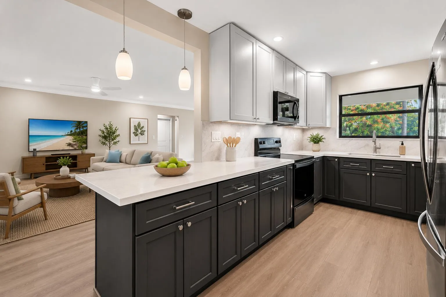 Updated kitchen • Open-concept kitchen • Quartz countertops • Stainless steel appliances • Shaker cabinets • Open floor plan • Entertaining space • Luxury vinyl plank flooring • Move-in ready • Hollywood FL home • South Florida real estate