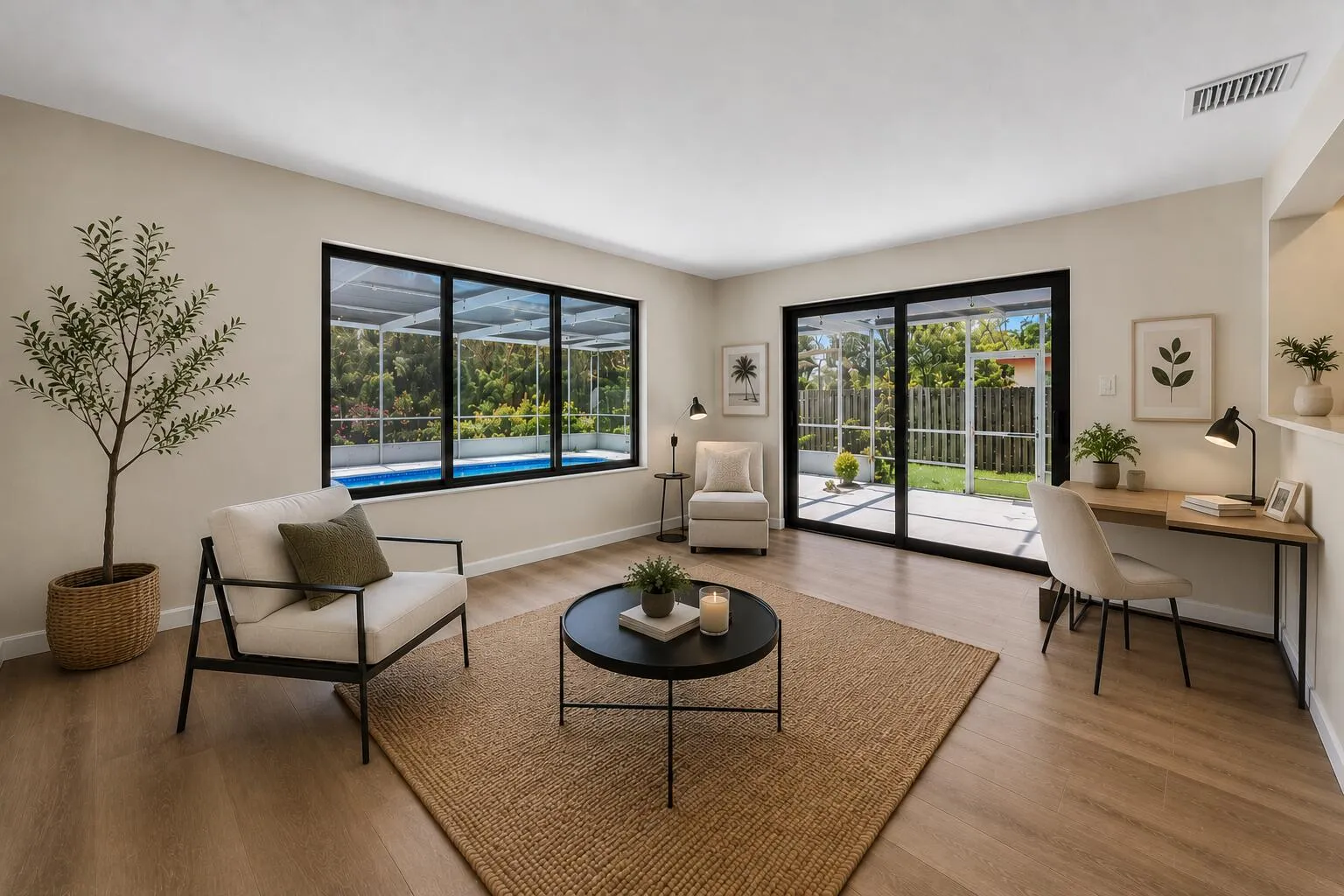 Versatile bonus room offers the perfect blend of comfort and function with space for a family room, reading retreat, or home office, all overlooking the screened patio and pool through expansive windows and sliding glass doors.