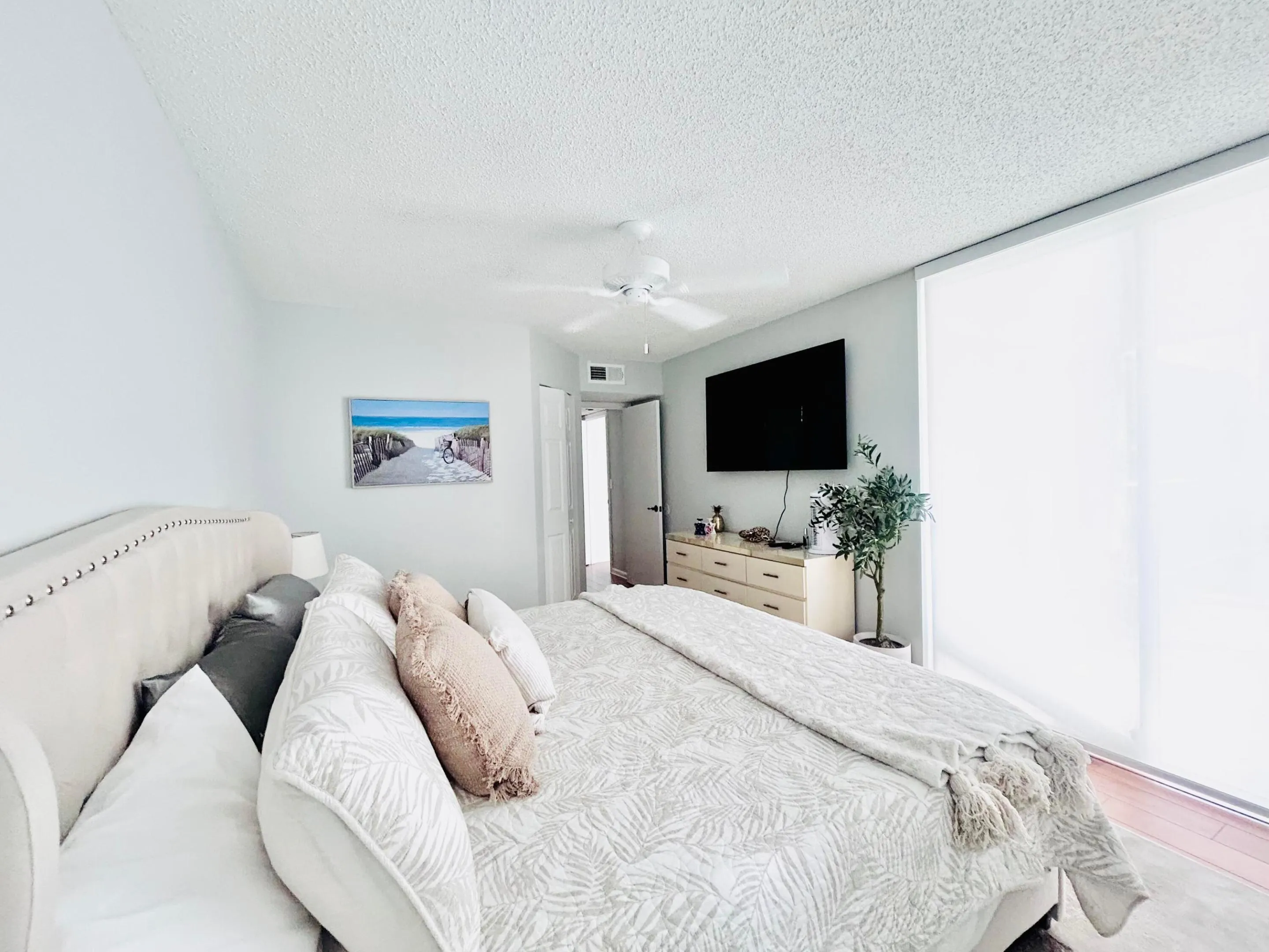 Spacious room with a ceiling fan, light-colored walls, and large windows featuring white roller shades