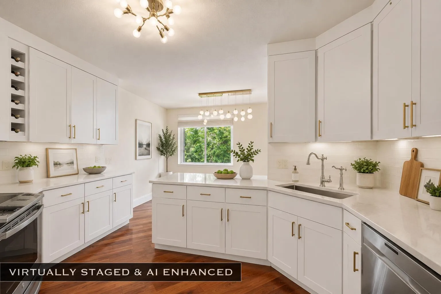 Modern kitchen featuring white cabinetry, light countertops, wood-finish flooring, a built-in wine rack, and stainless steel appliances