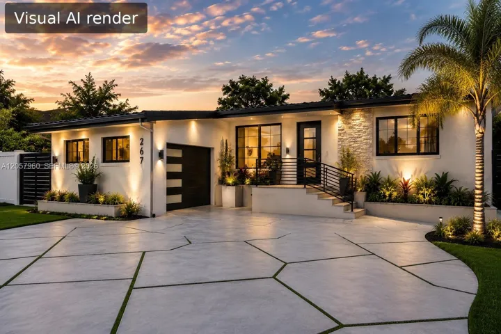 Single-story exterior featuring a geometric concrete paver driveway, stacked stone facade accents, custom glass-panel garage door, and raised entryway stairs with metal railings