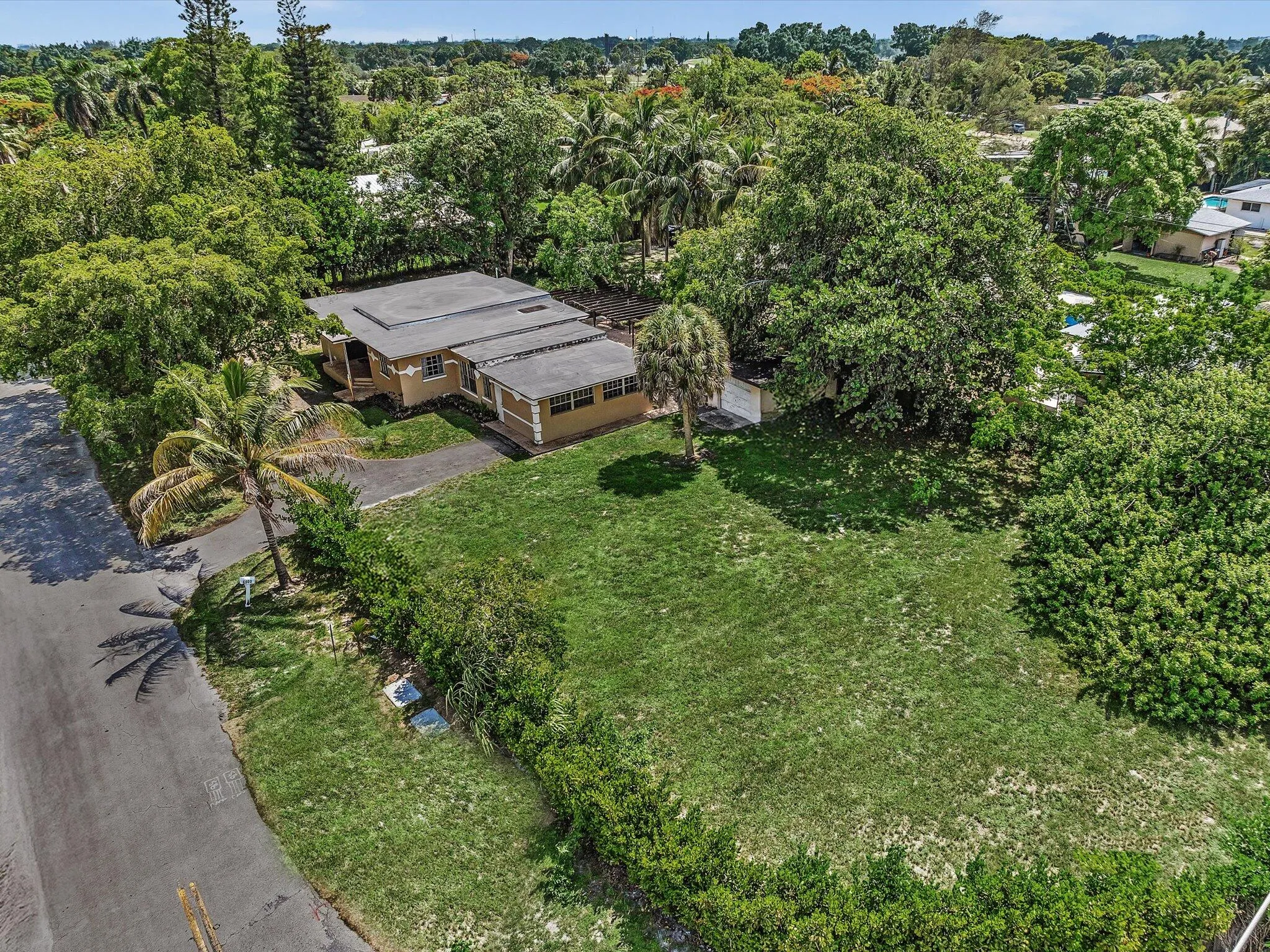 Expansive lot featuring a substantial grassy area, mature trees, and established perimeter landscaping