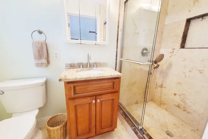 Bathroom featuring a glass-enclosed shower, a built-in shower niche, and a vanity with a granite countertop