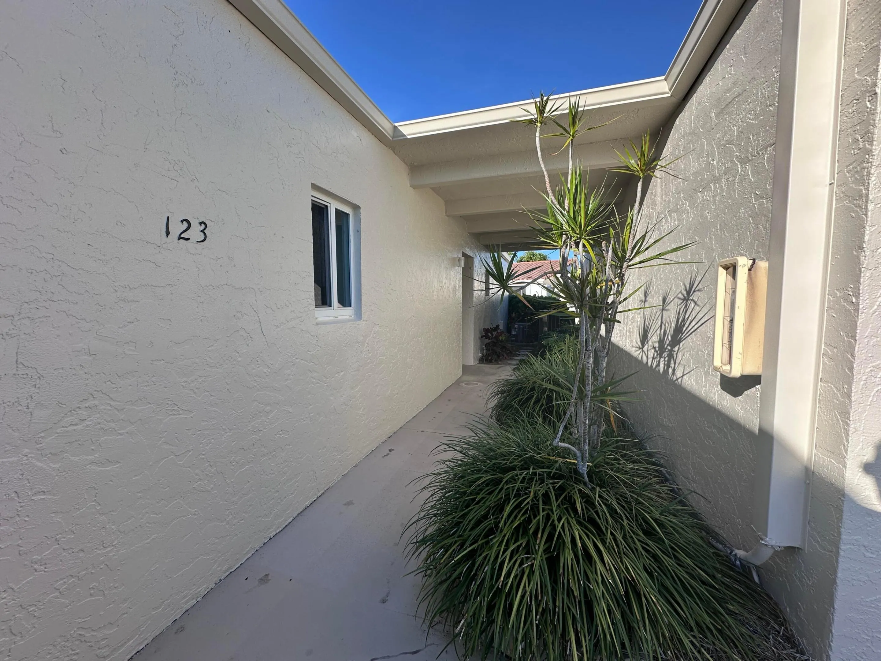 Covered walkway entrance featuring stucco exterior, a single window, and integrated planter beds with mature tropical foliage