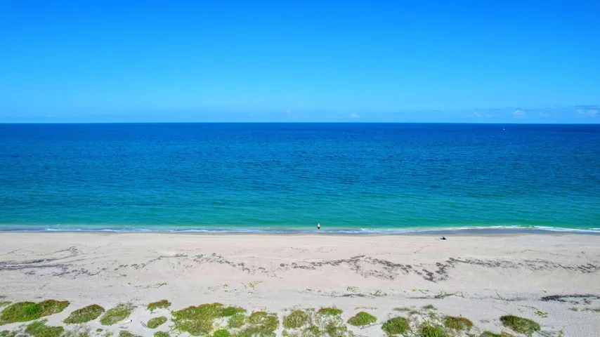 Expansive coastal frontage featuring a sandy beach, clear blue ocean, and natural dune vegetation