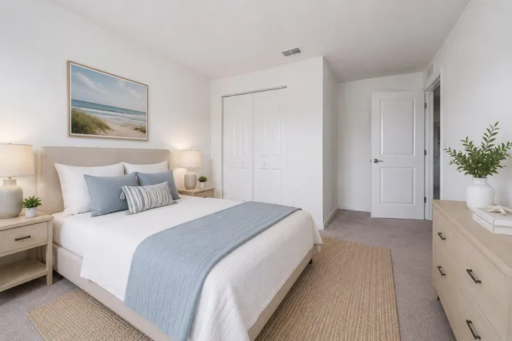 Bedroom featuring light-toned carpeting and a closet