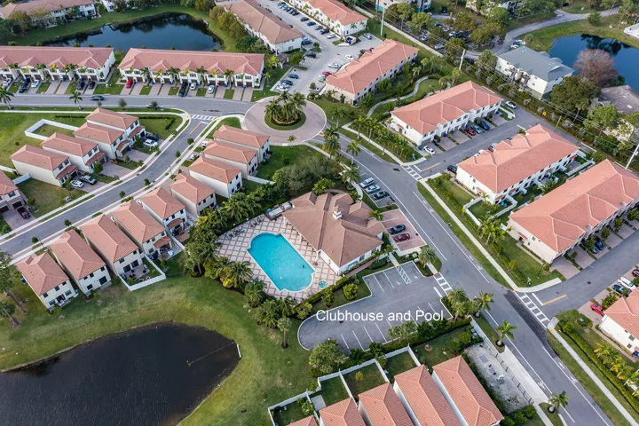 Aerial perspective showcasing community clubhouse and pool