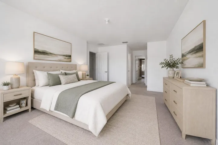 Spacious bedroom featuring light neutral carpet, white walls, and two closets - one walk-in-closet