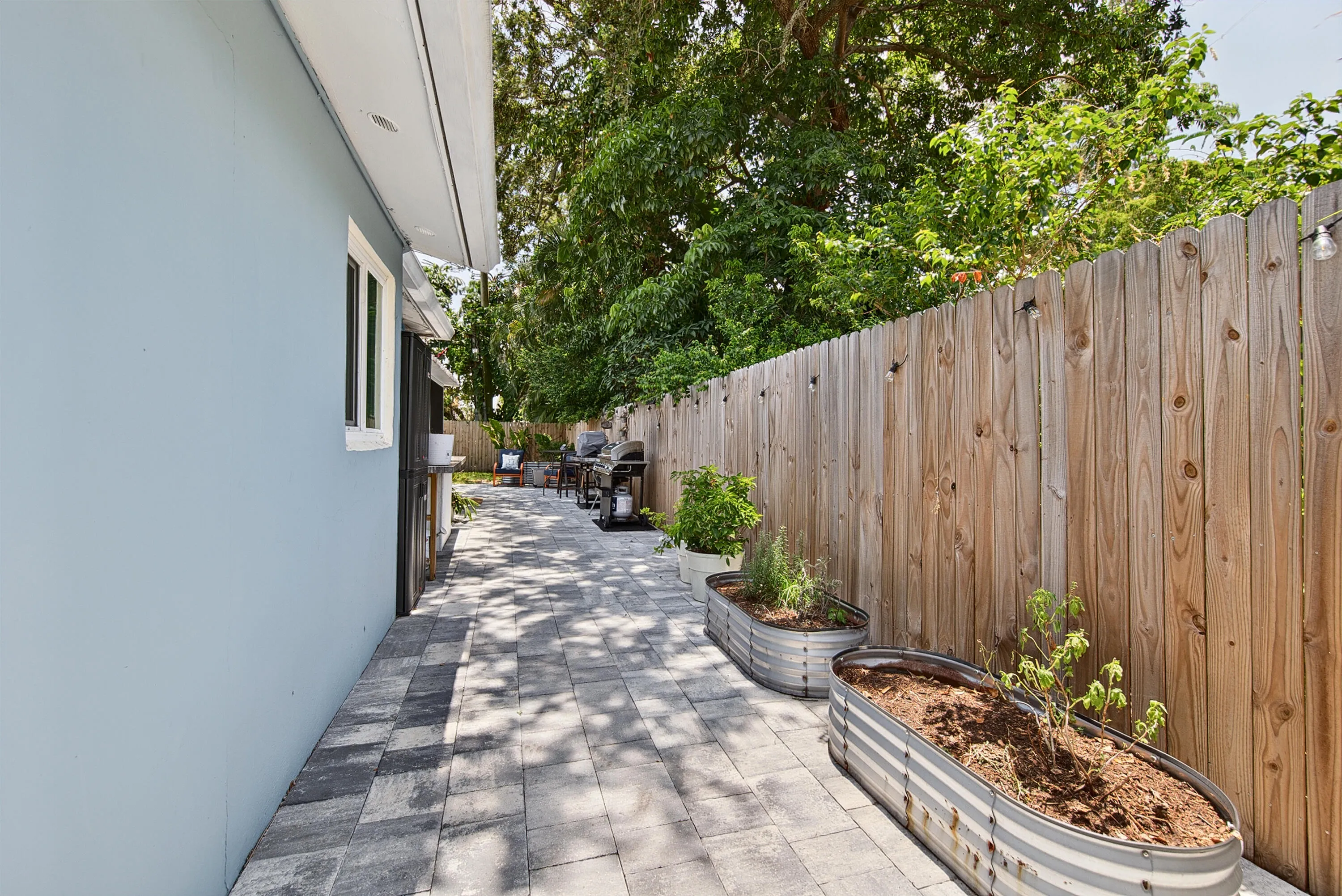 Raised garden beds and side yard.