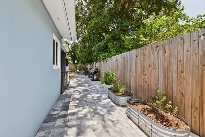 Raised garden beds and side yard.