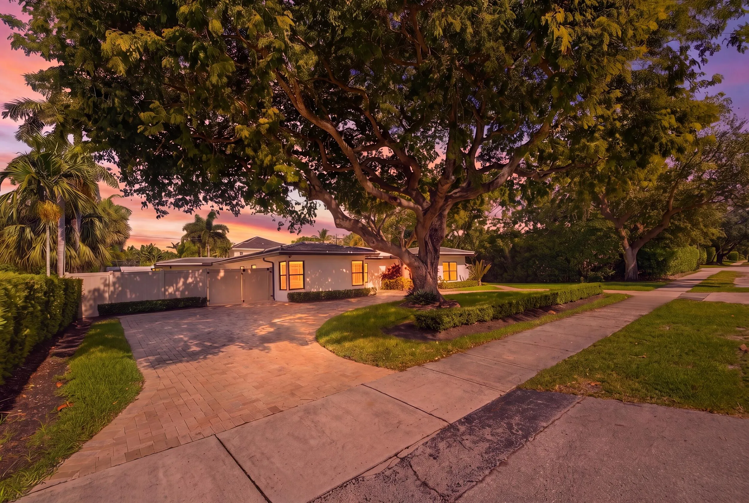 Expansive paver driveway with surrounding lush landscaping and mature trees