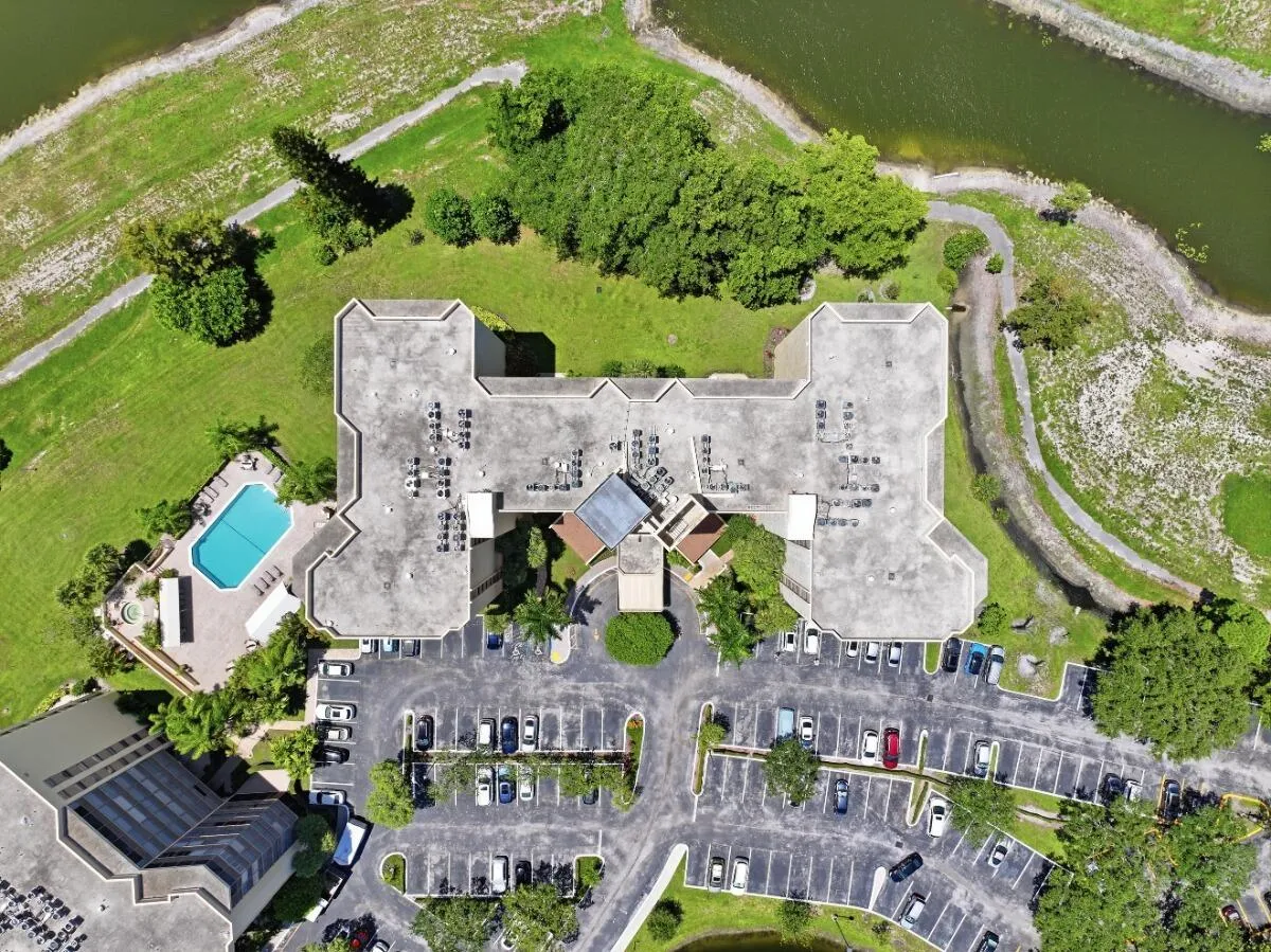 Aerial view of the building, unit 202 on the left side
