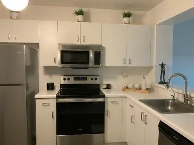 Modern kitchen featuring stainless steel appliances, white cabinetry, and an over-the-range microwave