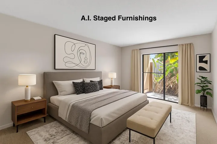 A.I. inspired master bedroom with views of lake