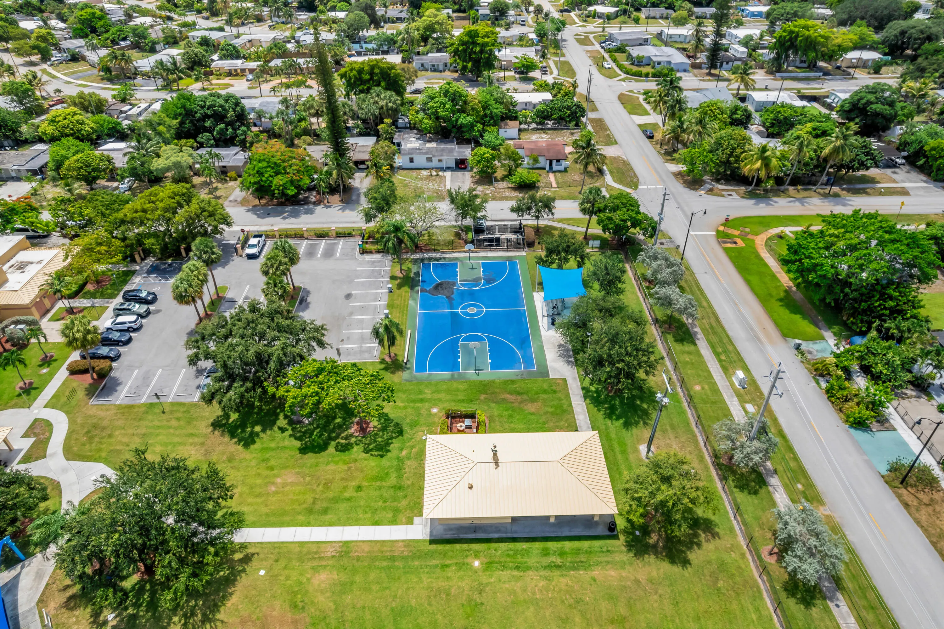 Community recreational area featuring a blue sports court, expansive green space, paved parking lot, and mature trees