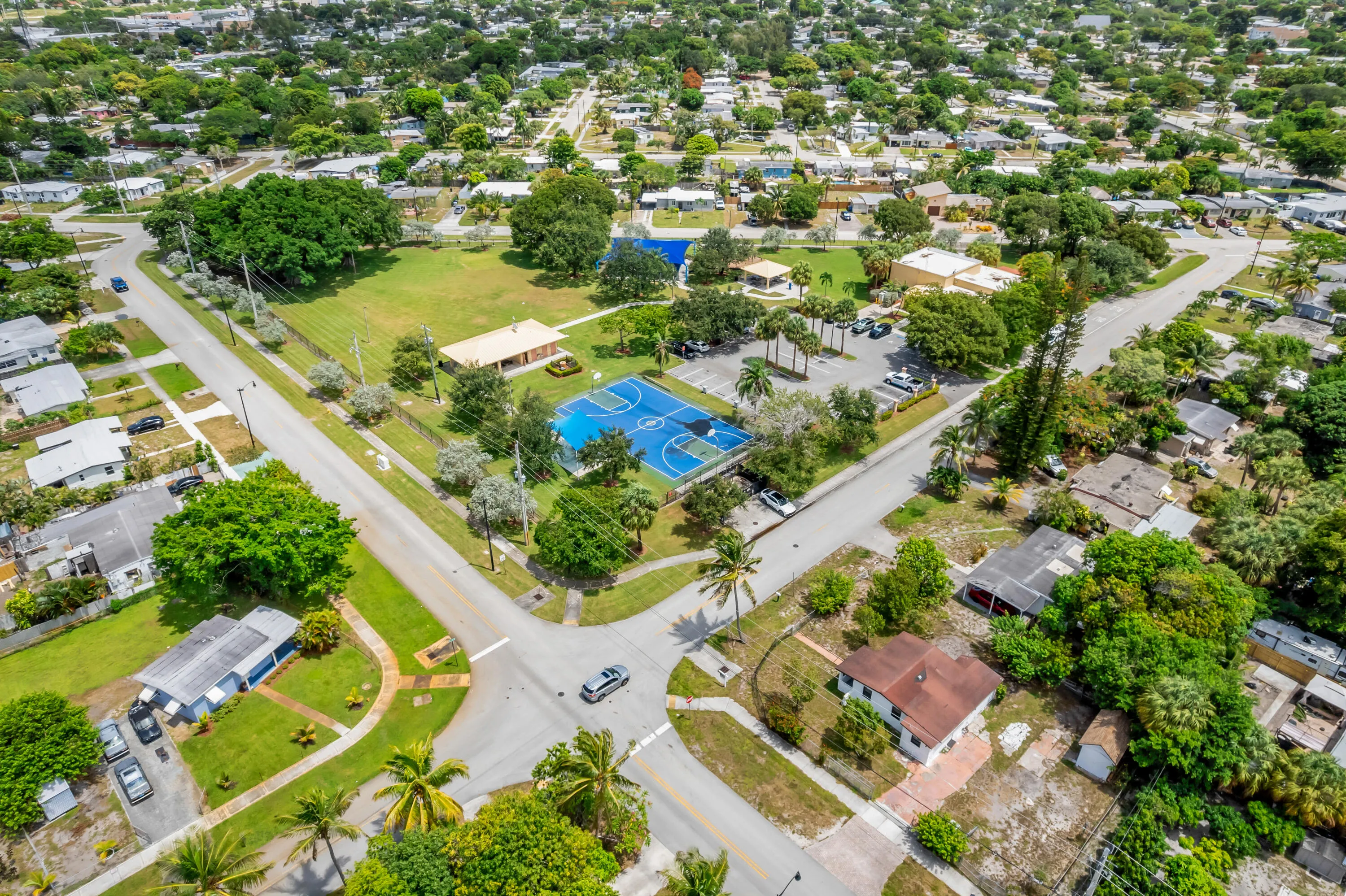 Aerial perspective showcasing a residential area with various properties and surrounding features
