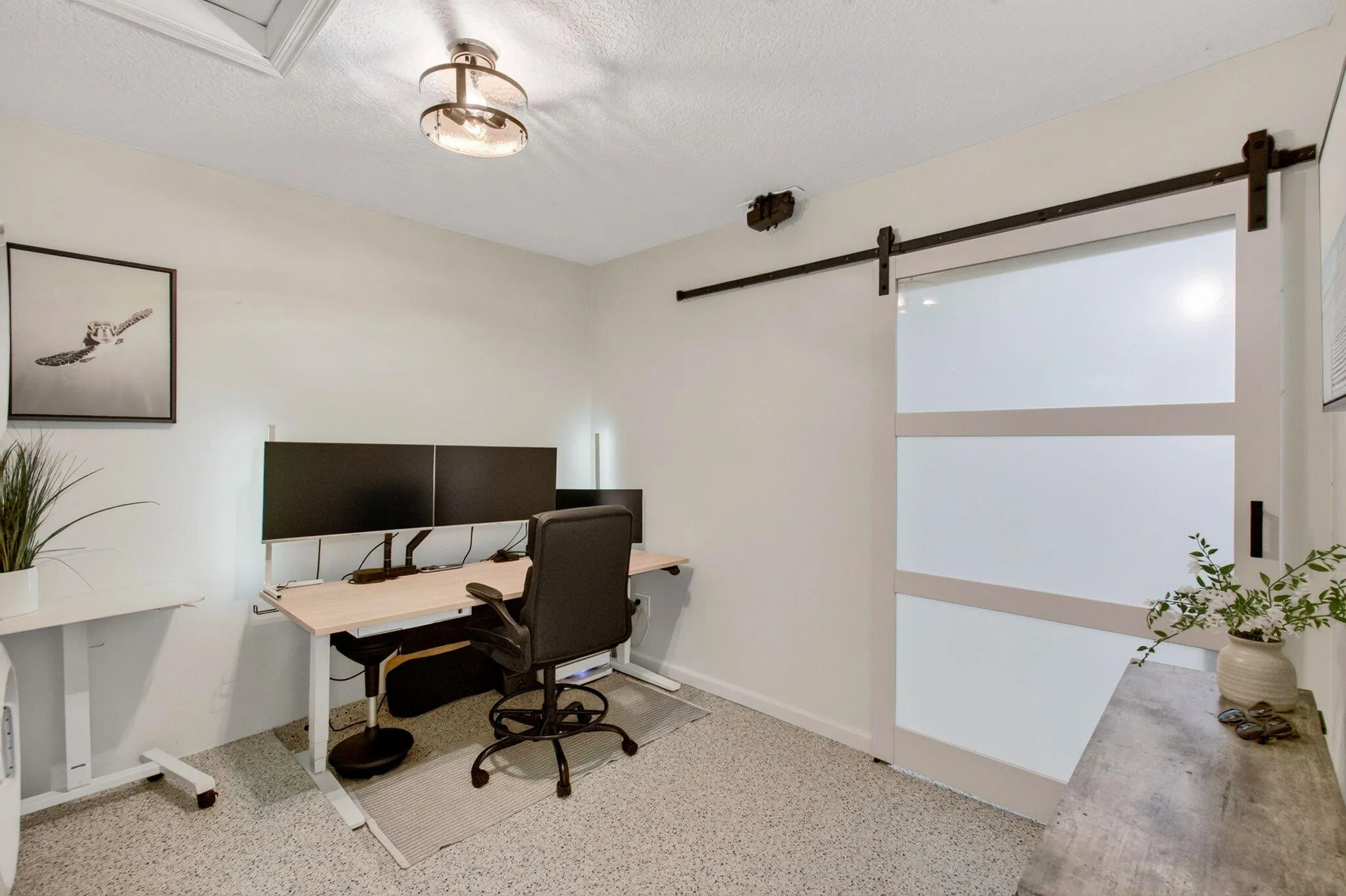 Versatile room featuring light-colored flooring, a modern barn door with frosted panels, and a contemporary flush-mount ceiling light