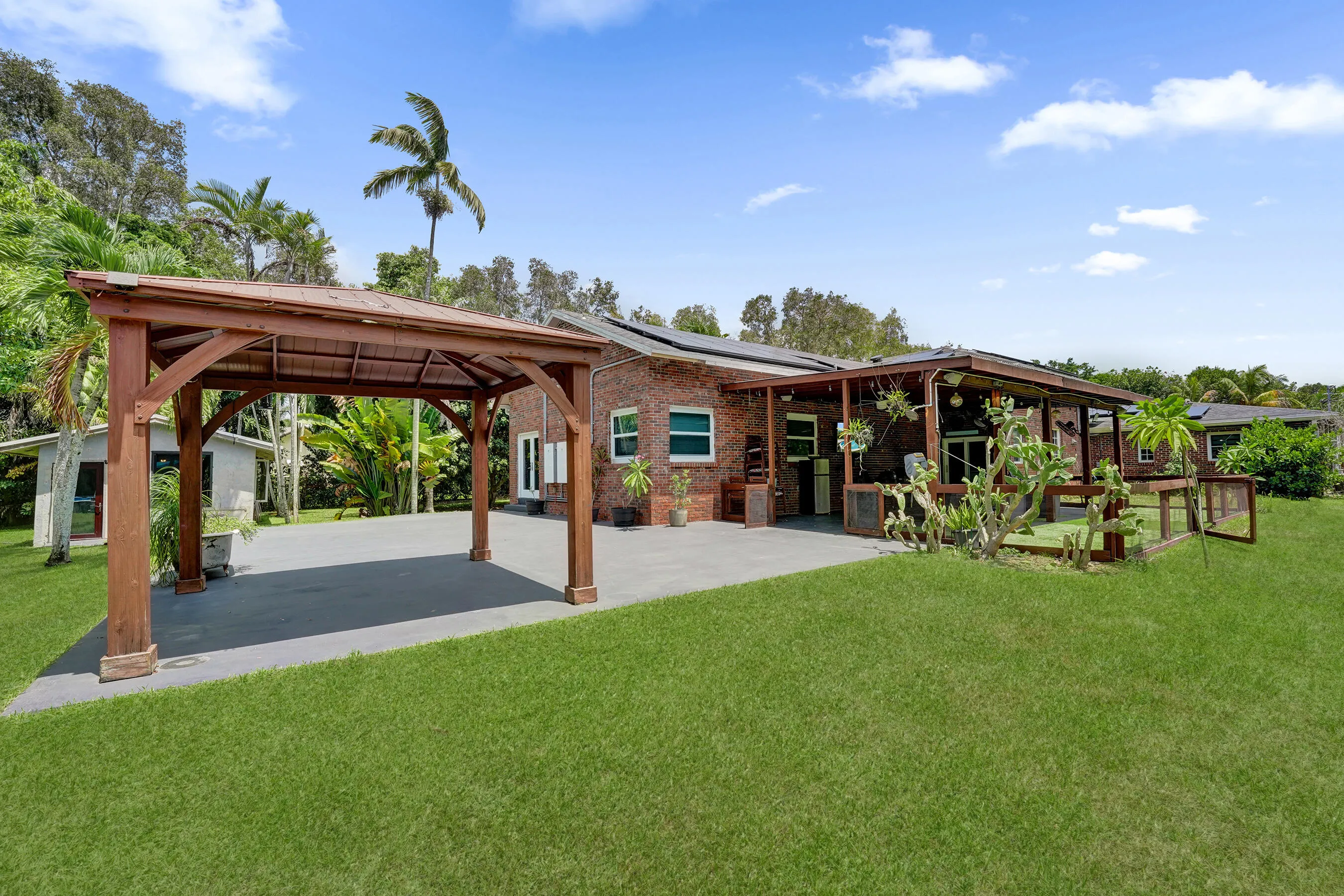 Covered pergola near pool area