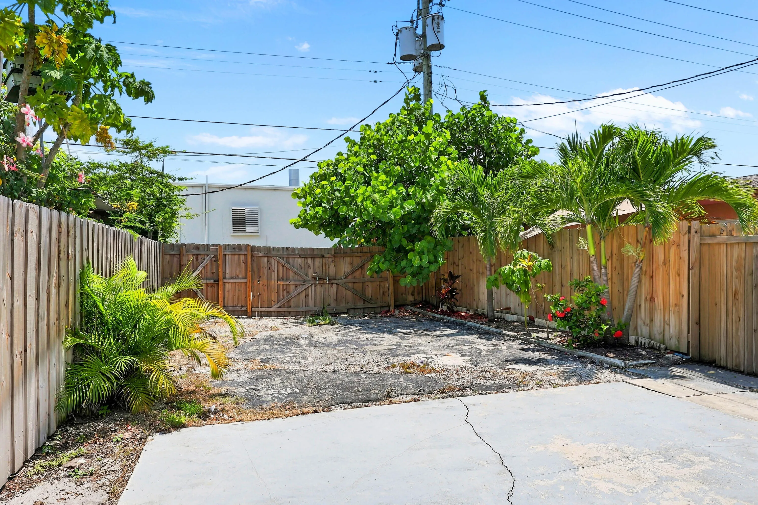 Enclosed backyard area featuring a wooden privacy fence, a concrete patio, and a variety of mature trees and tropical plantings