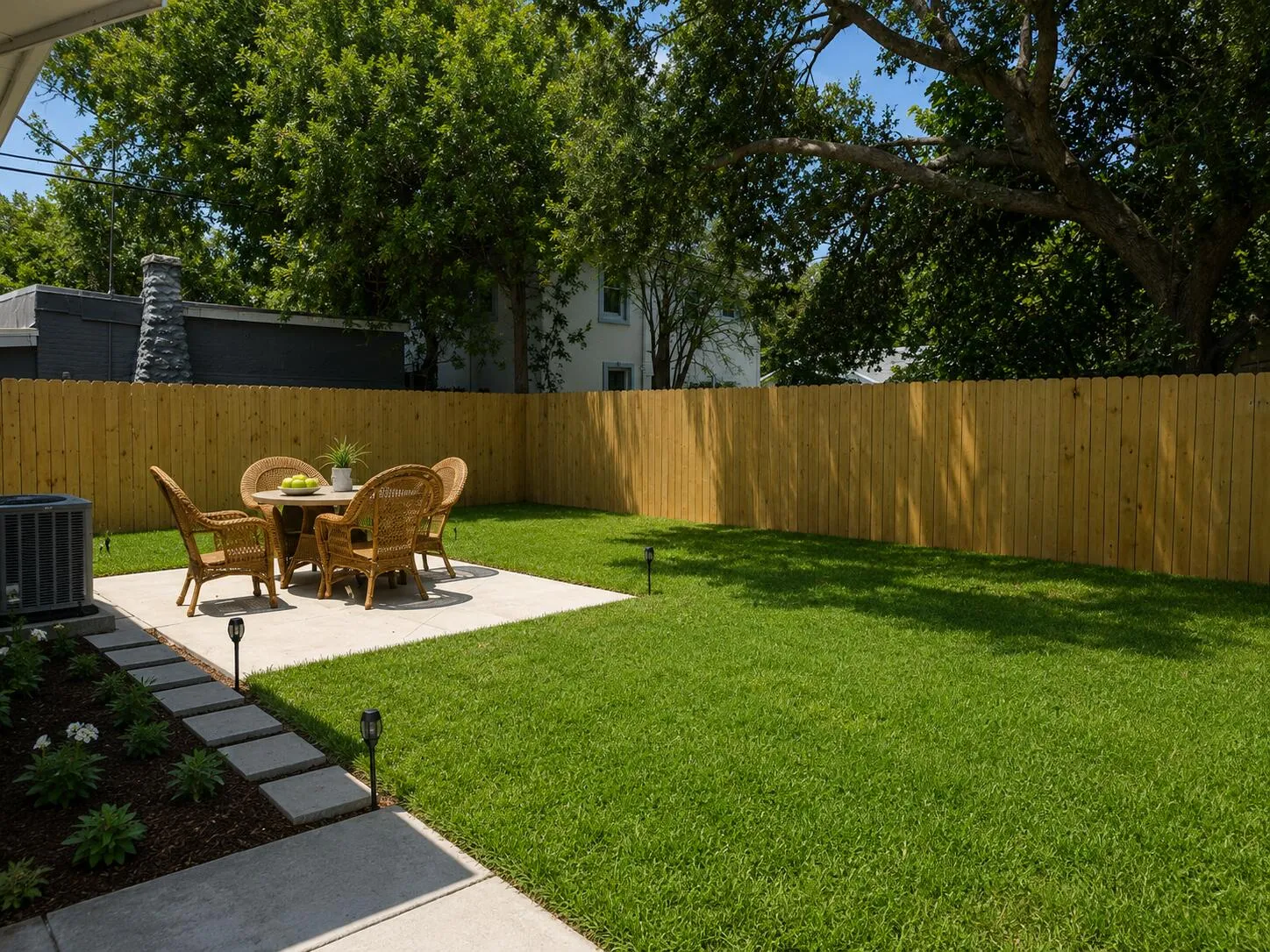 Expansive backyard featuring a large concrete patio, a stepping stone walkway, a privacy fence, and mature trees