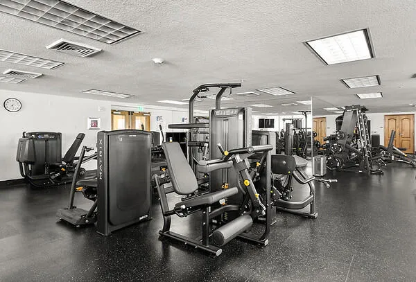 Gym adjacent to pool deck, sauna, steamroom & cabana baths