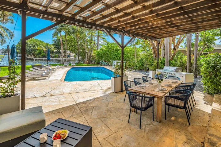 15x30 covered patio space, Natural gas Grill space with prep area on each side, Electric outlets and lighting.