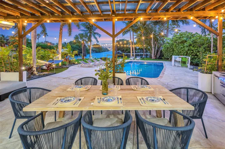 15x30 covered patio space, Natural gas Grill space with prep area on each side, Electric outlets and lighting.